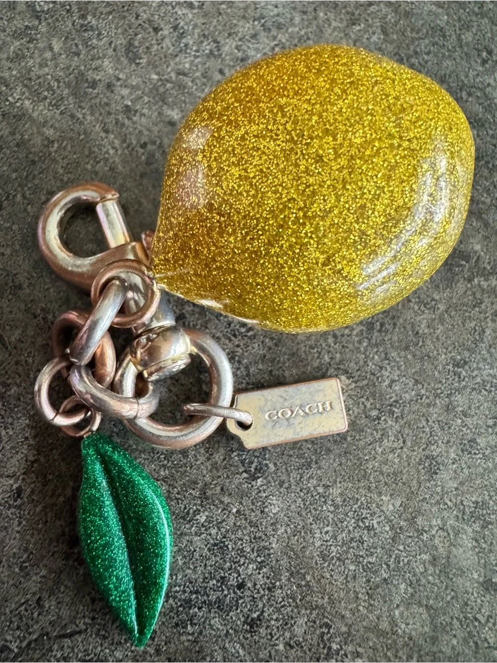 Coach Glitter Lemon Fruit Keychain Purse Bag Charm Fob Gold Green  CA052